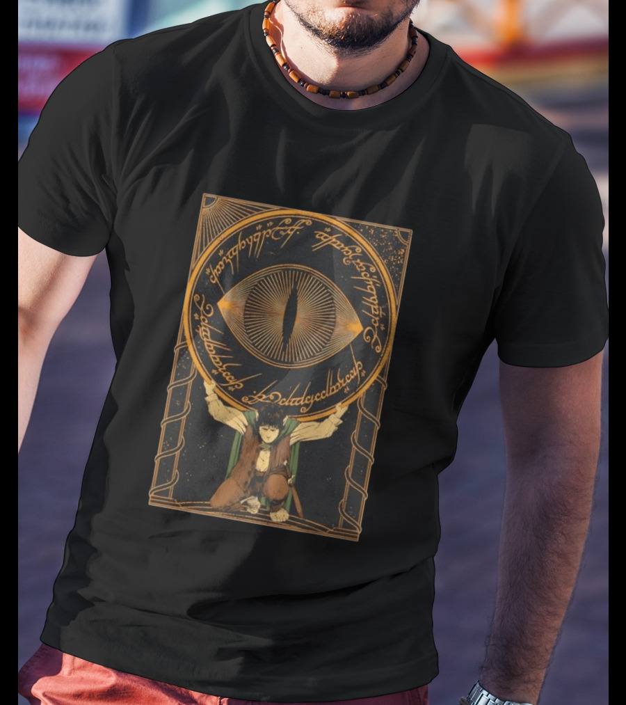 Frodo Baggins Carrying The Eye Of Sauron With Elvish Script Lord Of The Rings T-Shirt