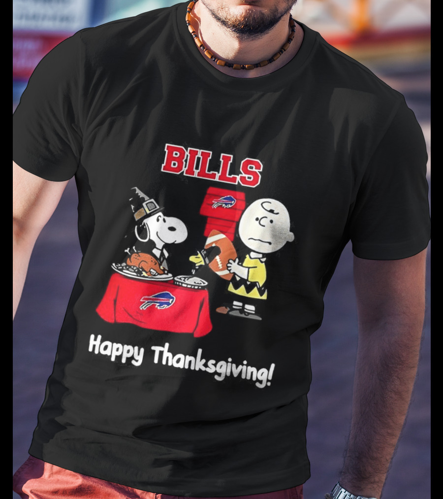 Snoopy And Charlie Brown Celebrate Buffalo Bills Happy Thanksgiving T-Shirt