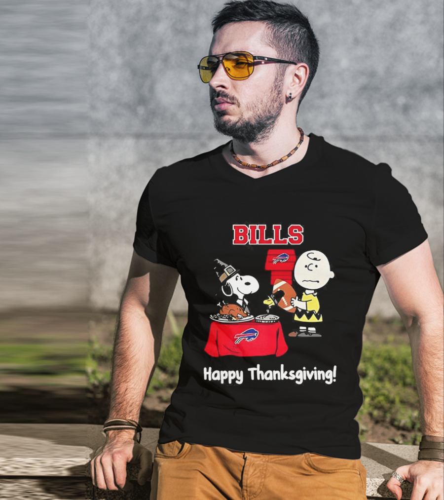 Snoopy And Charlie Brown Celebrate Buffalo Bills Happy Thanksgiving T-Shirt