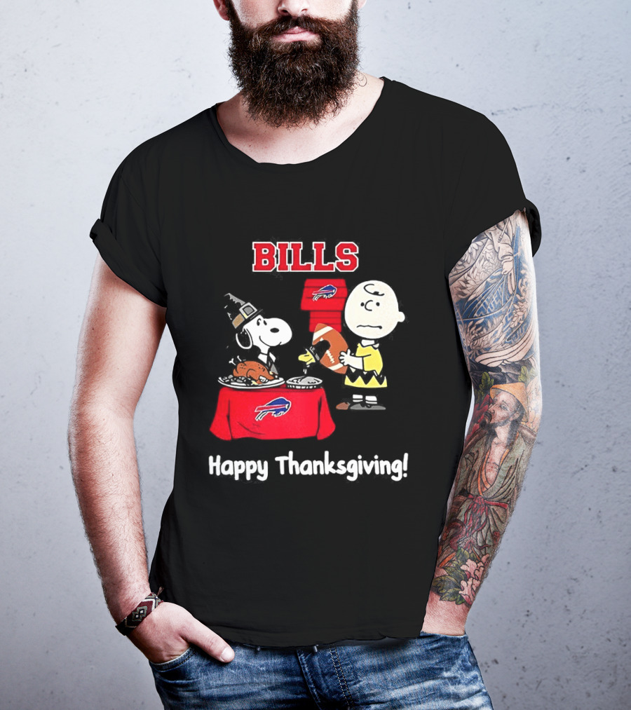 Snoopy And Charlie Brown Celebrate Buffalo Bills Happy Thanksgiving T-Shirt