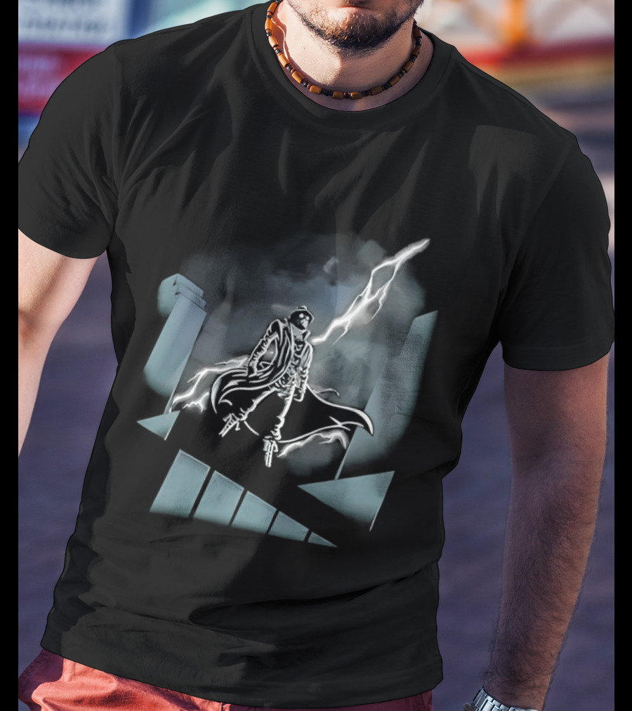 Spider Man Noir X Batman The Animated Series Noir Crossover With Light Burst And Gotham City Skyline T-Shirt