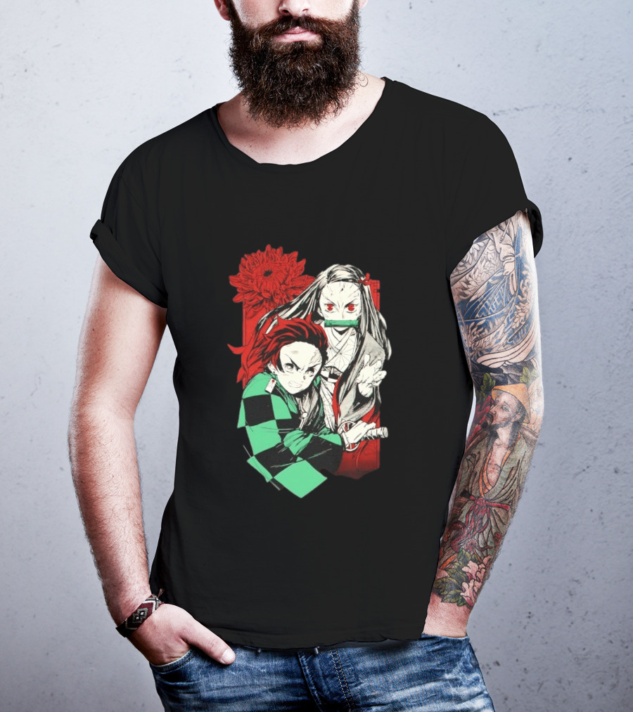 Tanjiro And Nezuko Demon Slayer Manga Red Flower T-Shirt