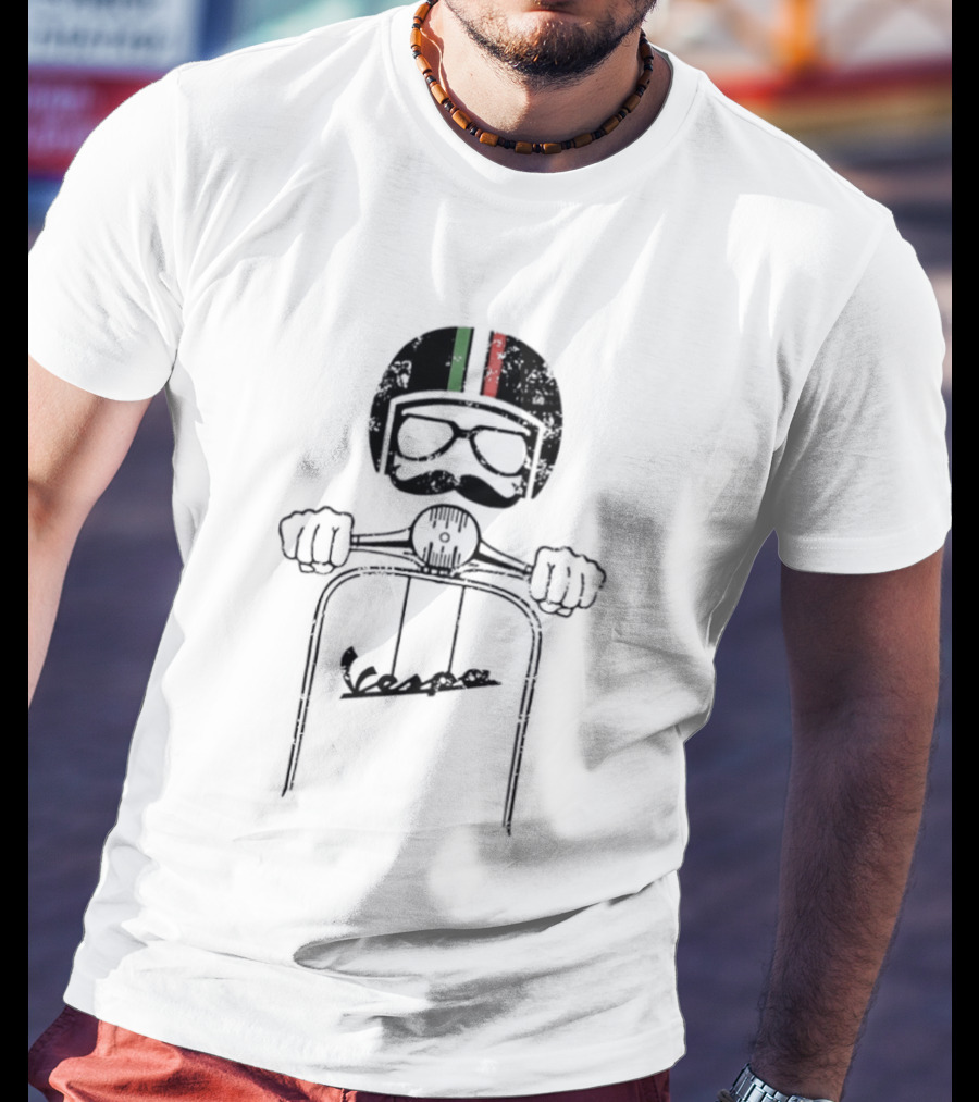 Vespa Piaggio Hipster Distressed Helmet With Italian Flag And Mustache T-Shirt