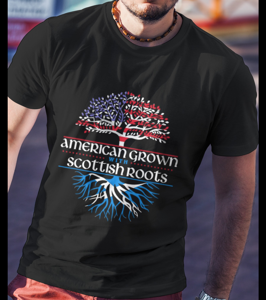 American Grown With Scottish Roots Tree American Flag Scotland Flag T-Shirt