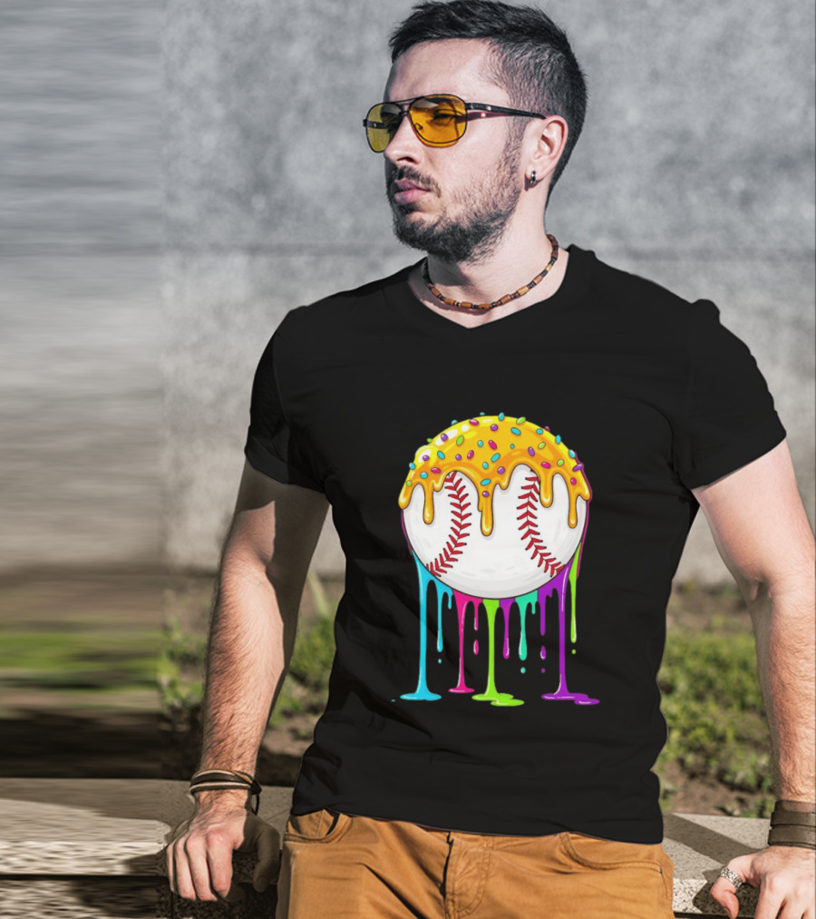 Baseball Dripping Icing Candy Sprinkles Rainbow T-Shirt