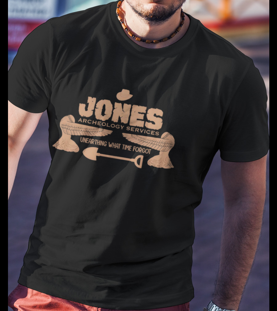 Jones Archaeology Services Unearthing What Time Forgot Adventure Shovel Winged Hat T-Shirt