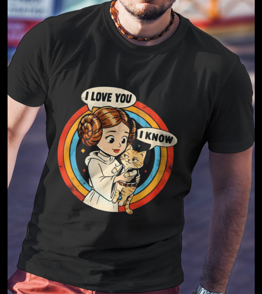Princess Leia Style Girl Holding Cat I Love You I Know Retro 70s Cartoon T-Shirt