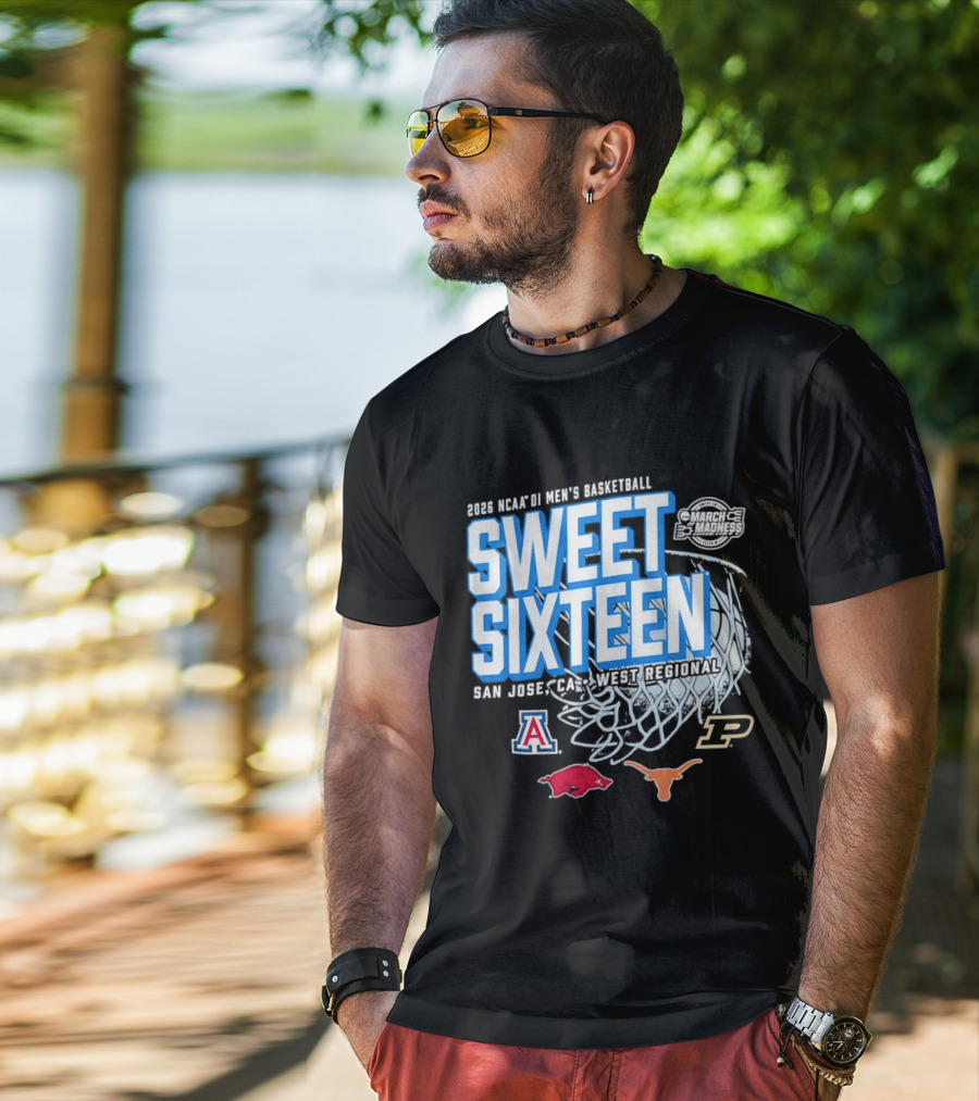 2026 NCAA DI Men's Basketball Sweet Sixteen San Jose West Regional Arizona Arkansas Texas Purdue Logos T-Shirt