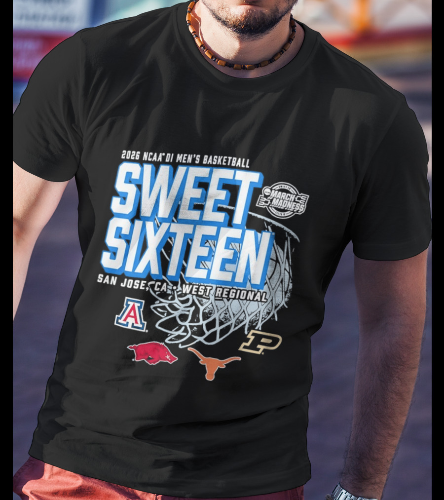 2026 NCAA DI Men's Basketball Sweet Sixteen San Jose West Regional Arizona Arkansas Texas Purdue Logos T-Shirt