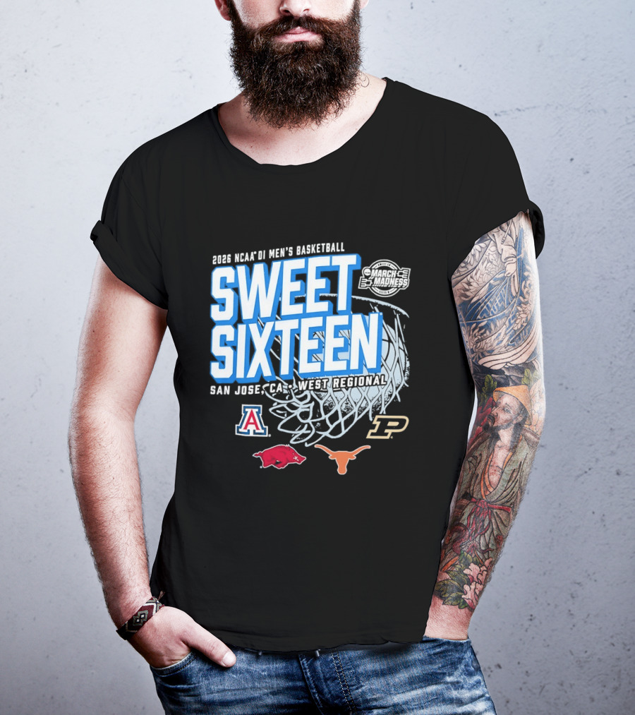 2026 NCAA DI Men's Basketball Sweet Sixteen San Jose West Regional Arizona Arkansas Texas Purdue Logos T-Shirt