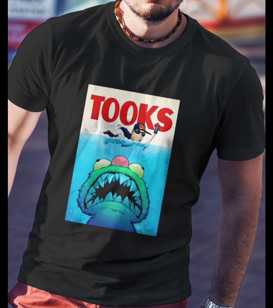 TOOKS Cartoon Giant Monster Inspired By Jaws With Diver And Cap T-Shirt