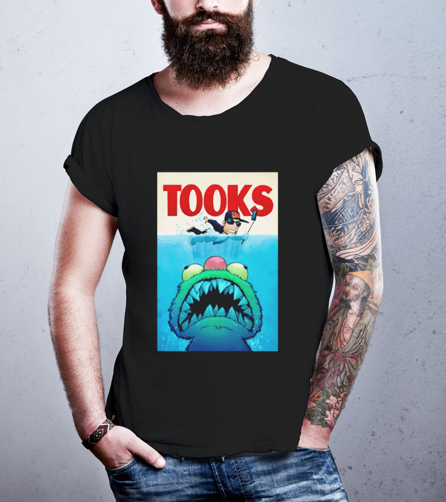 TOOKS Cartoon Giant Monster Inspired By Jaws With Diver And Cap T-Shirt
