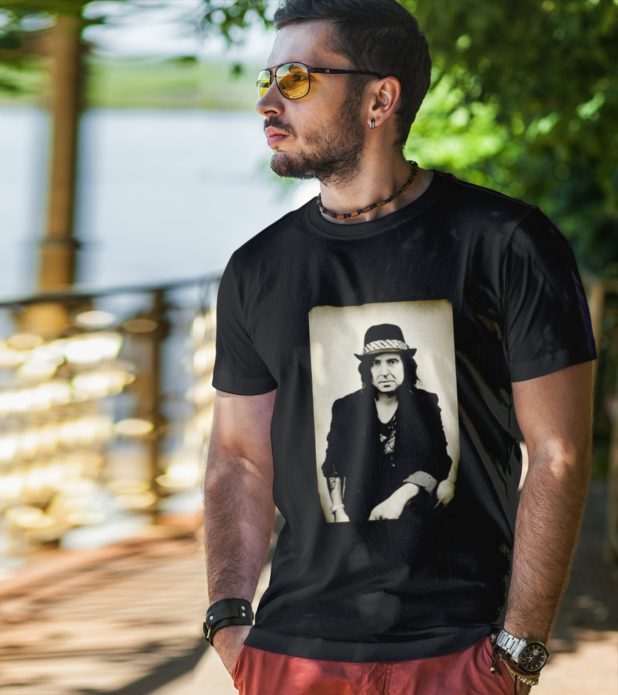 Phil Campbell Vintage Style Portrait Wearing Hat T-Shirt