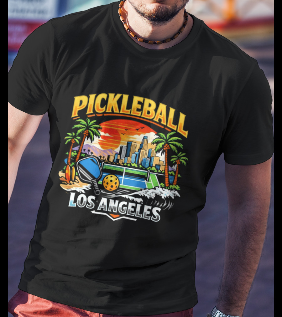 Los Angeles Pickleball City Skyline Sunset Palm Trees T-Shirt