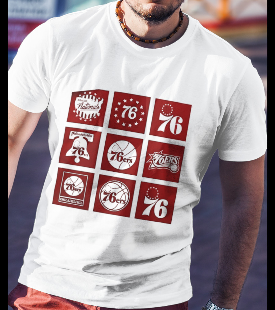 Philadelphia 76ers NBA Team Retro Icons And Number 76 Basketball Squares T-Shirt