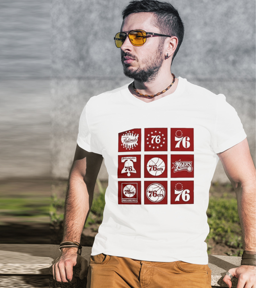Philadelphia 76ers NBA Team Retro Icons And Number 76 Basketball Squares T-Shirt