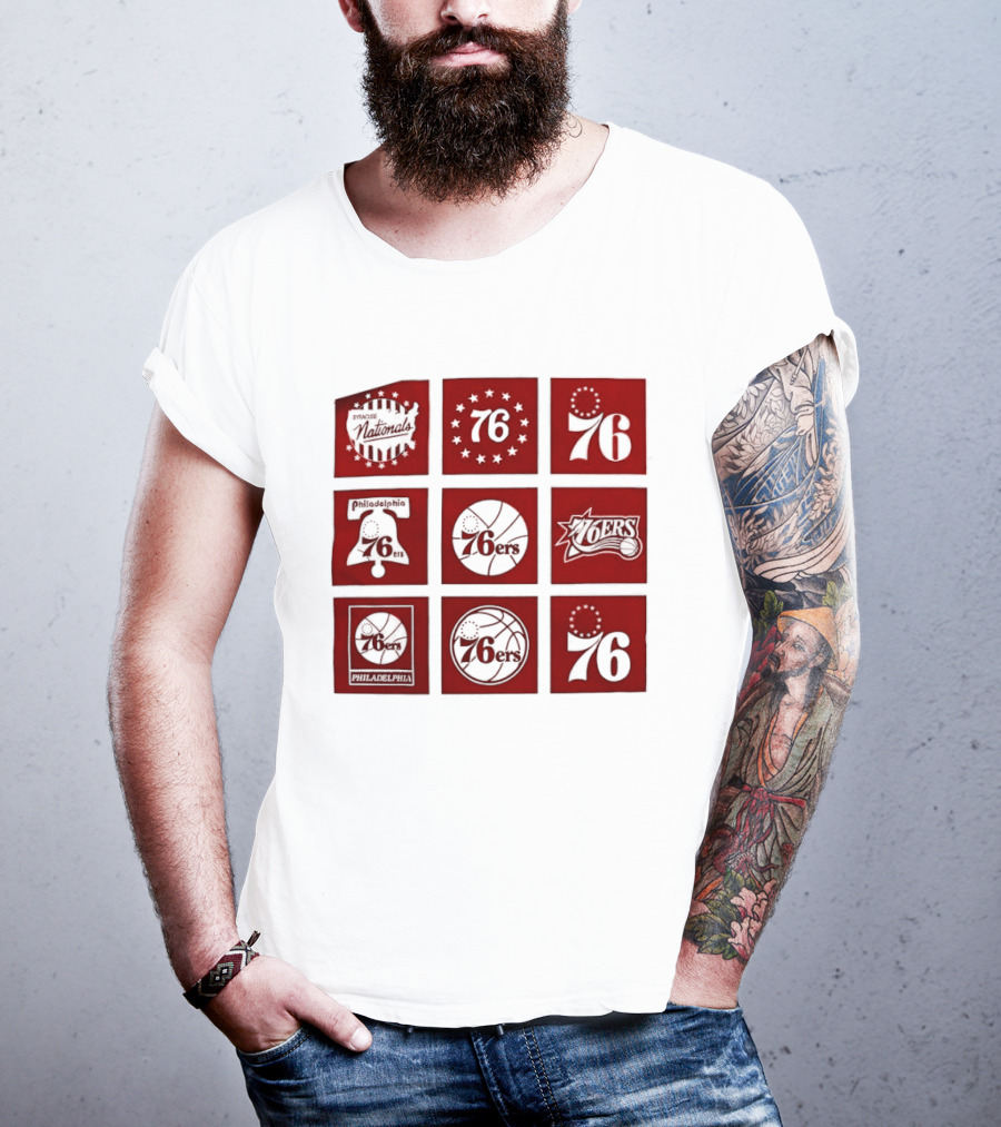 Philadelphia 76ers NBA Team Retro Icons And Number 76 Basketball Squares T-Shirt
