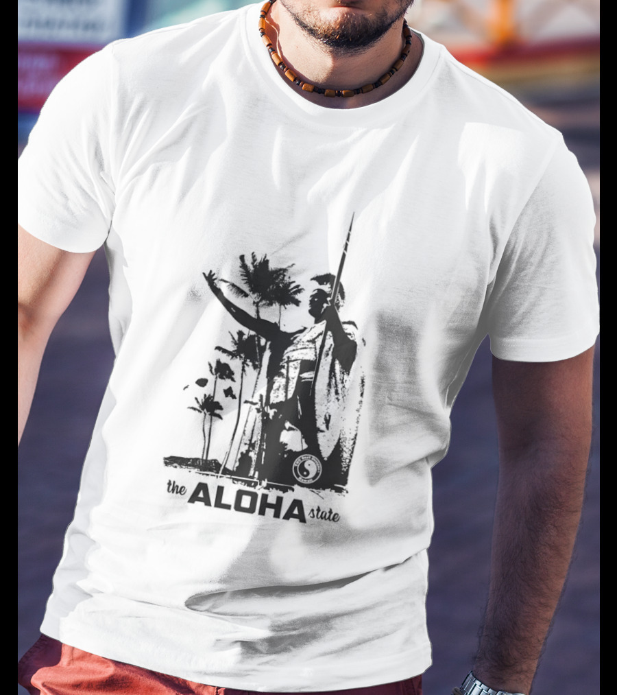 The Aloha State Ka Black White Hawaiian King Statue Palms T-Shirt