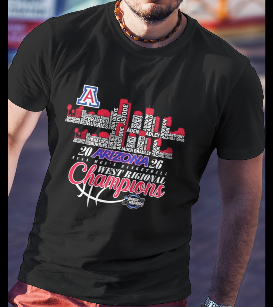 Arizona Wildcats 2026 NCAA Men's Basketball West Regional Champions Skyline T-Shirt