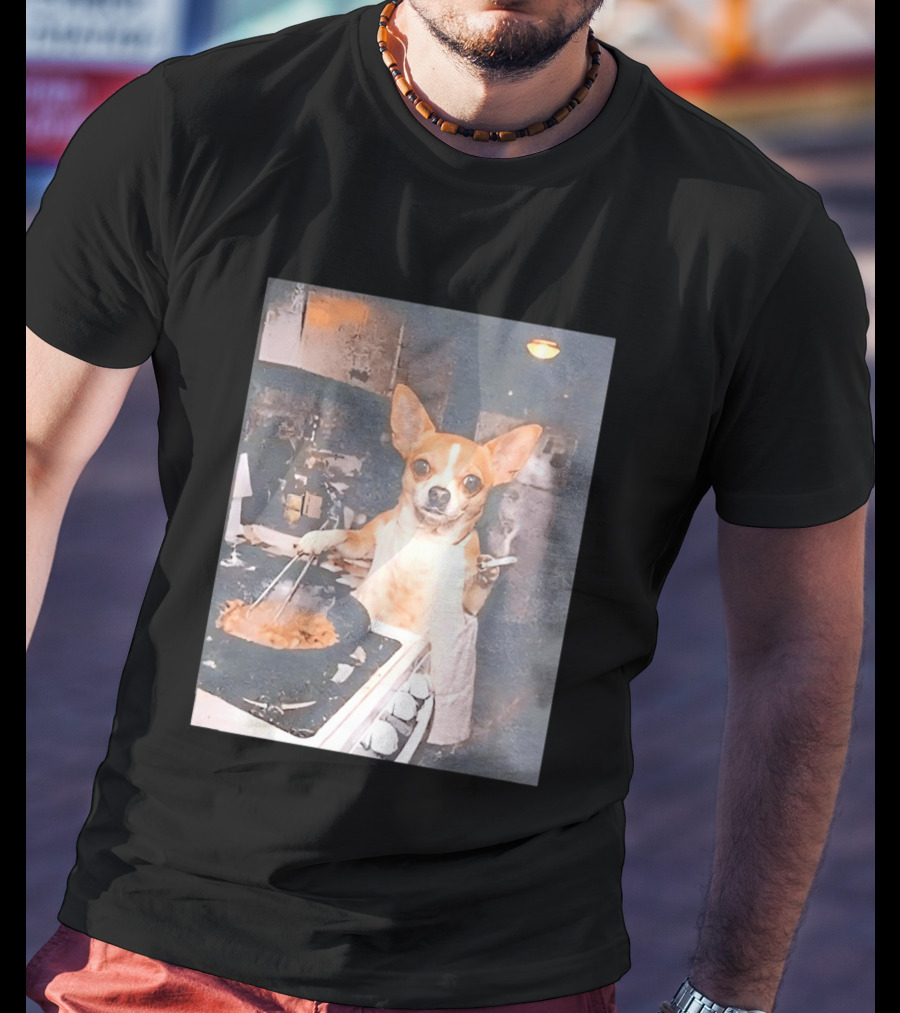 Chihuahua In Apron Cooking While Smoking In Vintage Kitchen Scene T-Shirt