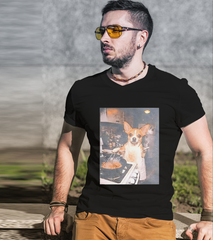 Chihuahua In Apron Cooking While Smoking In Vintage Kitchen Scene T-Shirt