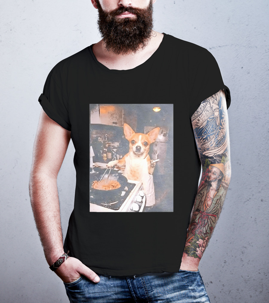 Chihuahua In Apron Cooking While Smoking In Vintage Kitchen Scene T-Shirt