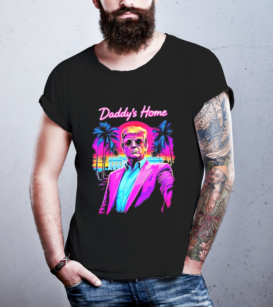 Daddy's Home Donald Trump Synthwave Sunset Beach Scene T-Shirt