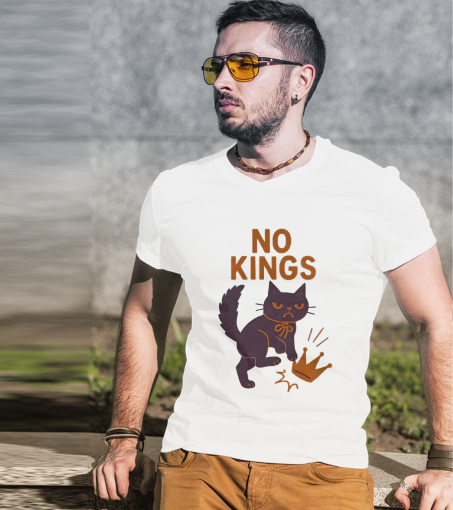 No Kings Black Cat Kicking Crown T-Shirt