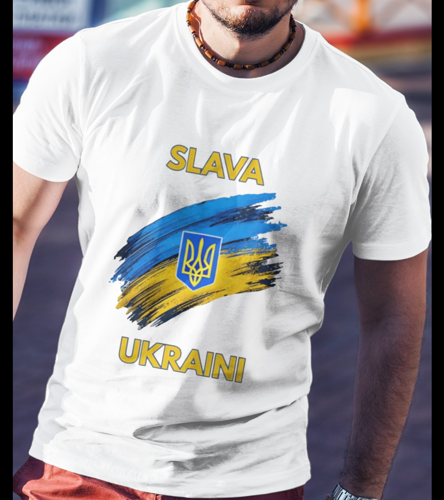 Slava Ukraini Emblem With Blue And Yellow Brush Strokes T-Shirt