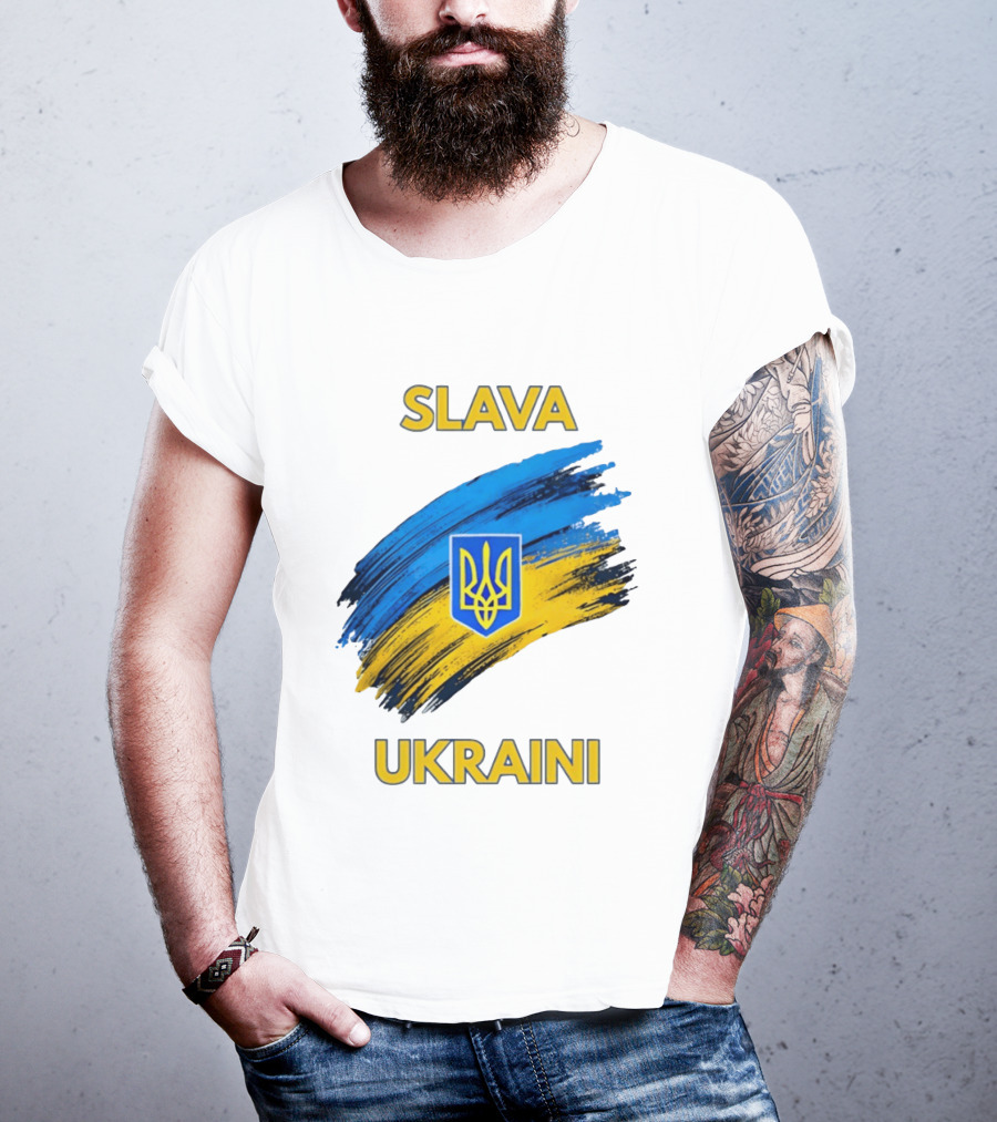 Slava Ukraini Emblem With Blue And Yellow Brush Strokes T-Shirt