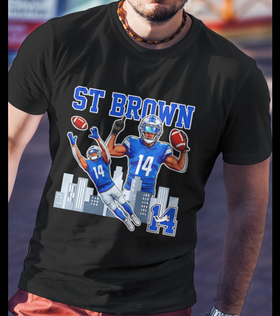 ST Brown 14 Detroit Lions Football City Skyline T-Shirt