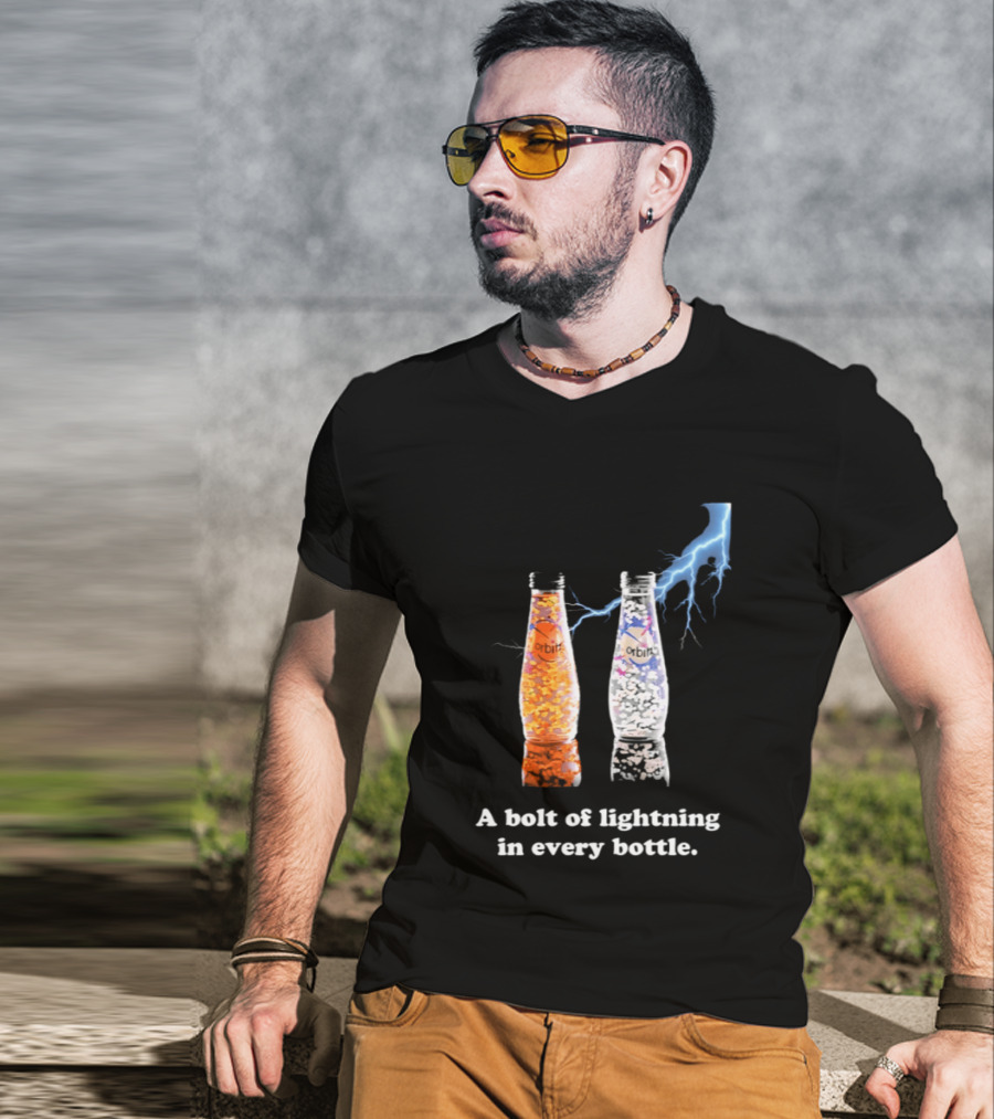 Orbitz A Bolt Of Lightning In Every Bottle Drink Bottles With Lightning Blue And Orange T-Shirt