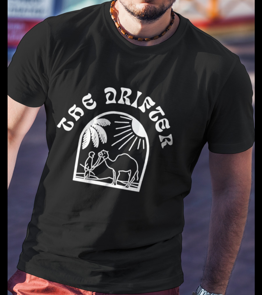 Jackie Quinones The Drifter Man Holding Camel Under Sun And Palm Trees T-Shirt