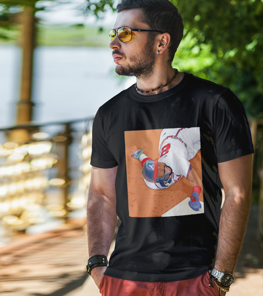 Ronald Acuna Jr Atlanta Braves Outfielder Sliding Baseball Action T-Shirt
