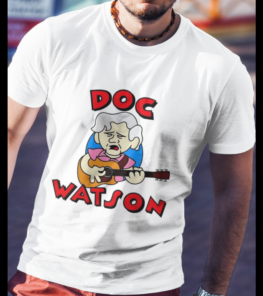 Doc Watson Cartoon Guitar Player Iconic Folk Music Legend T-Shirt
