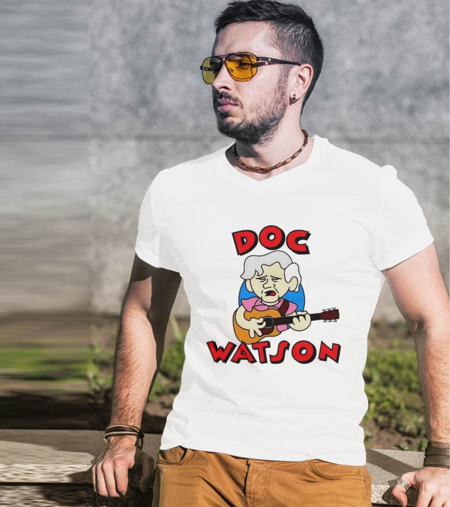 Doc Watson Cartoon Guitar Player Iconic Folk Music Legend T-Shirt