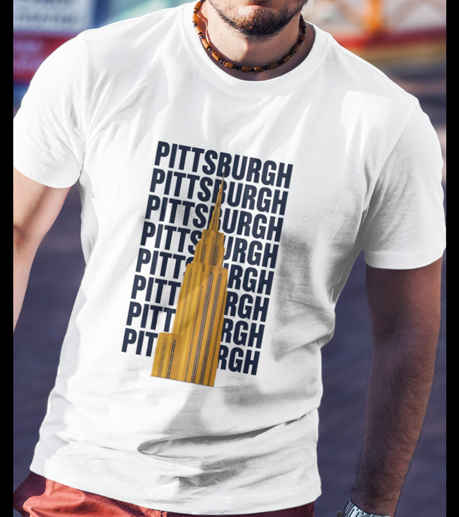 Pittsburgh Golden Tower Repeated Text Cityscape T-Shirt