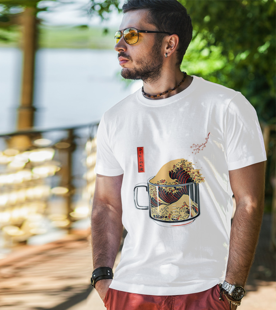 The Great Wave Of Coffee In A Cup With Japanese T-Shirt