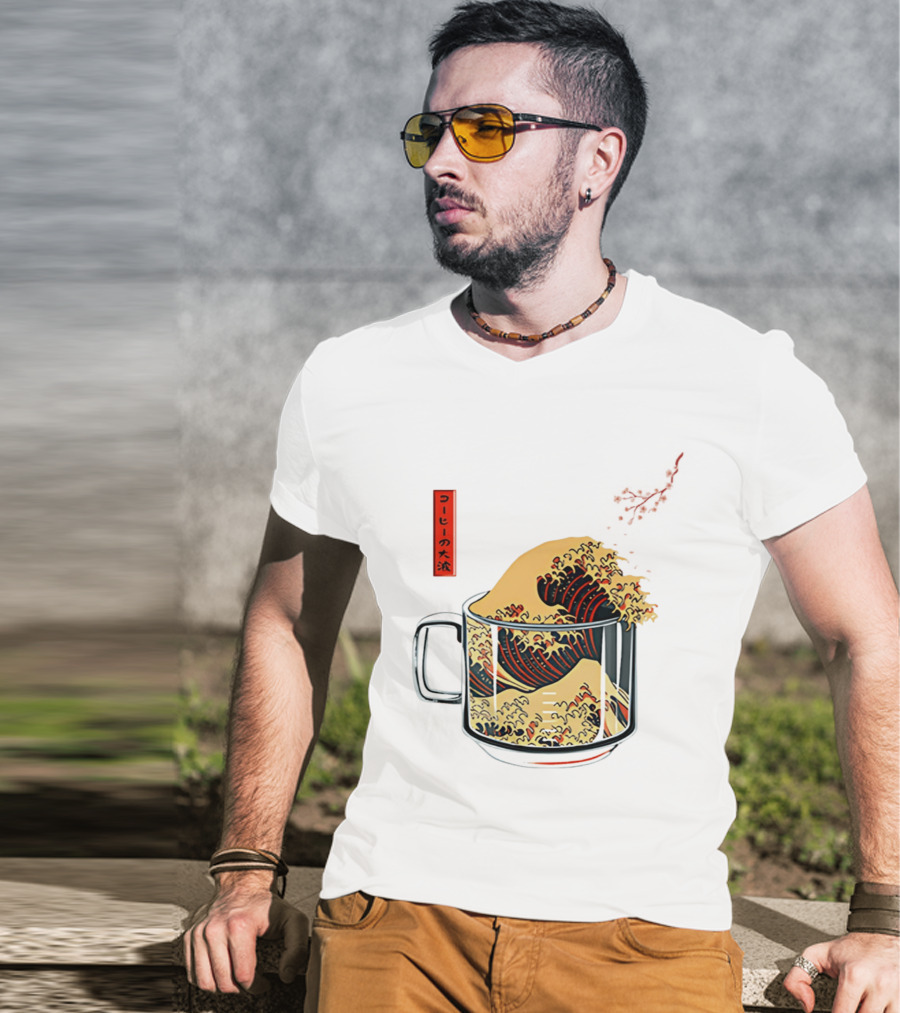 The Great Wave Of Coffee In A Cup With Japanese T-Shirt