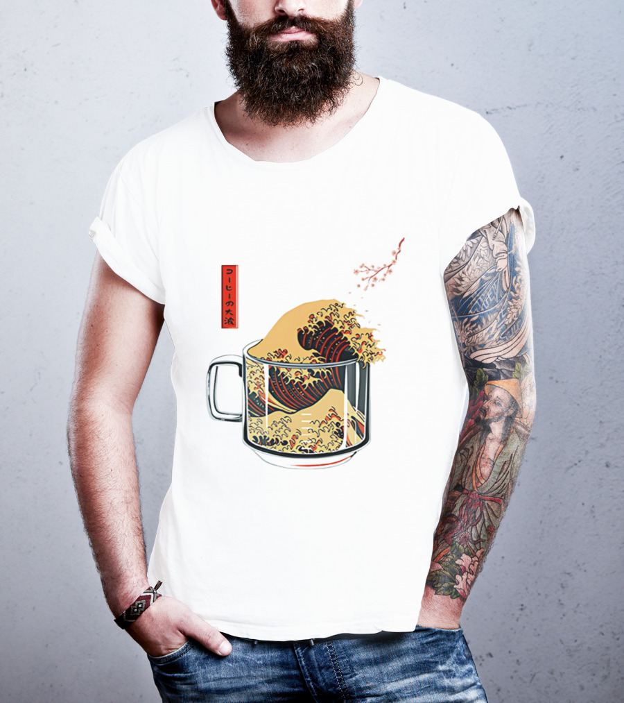 The Great Wave Of Coffee In A Cup With Japanese T-Shirt