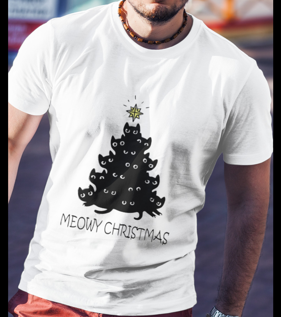 Black Cat Pine Tree Shape Meowy Christmas Star T-Shirt