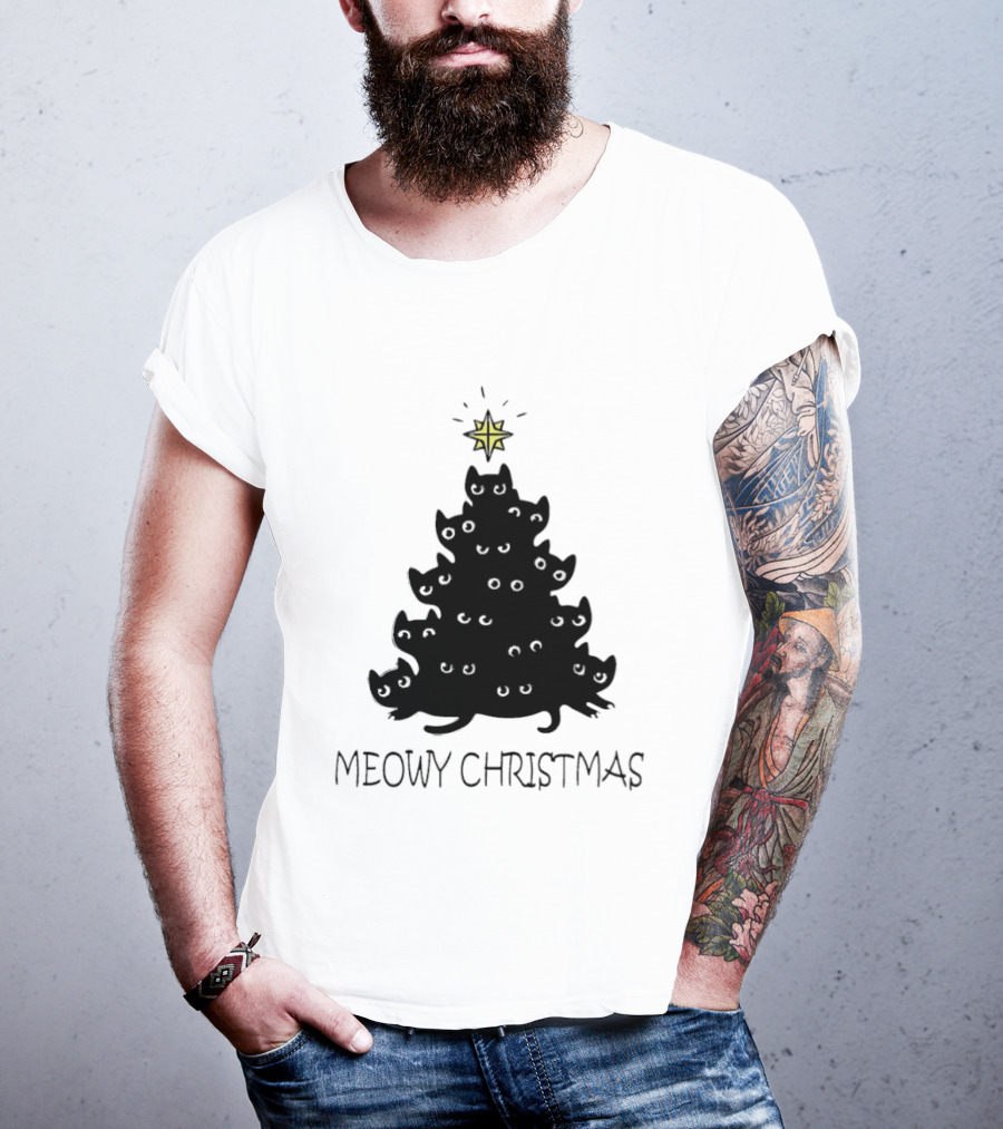Black Cat Pine Tree Shape Meowy Christmas Star T-Shirt