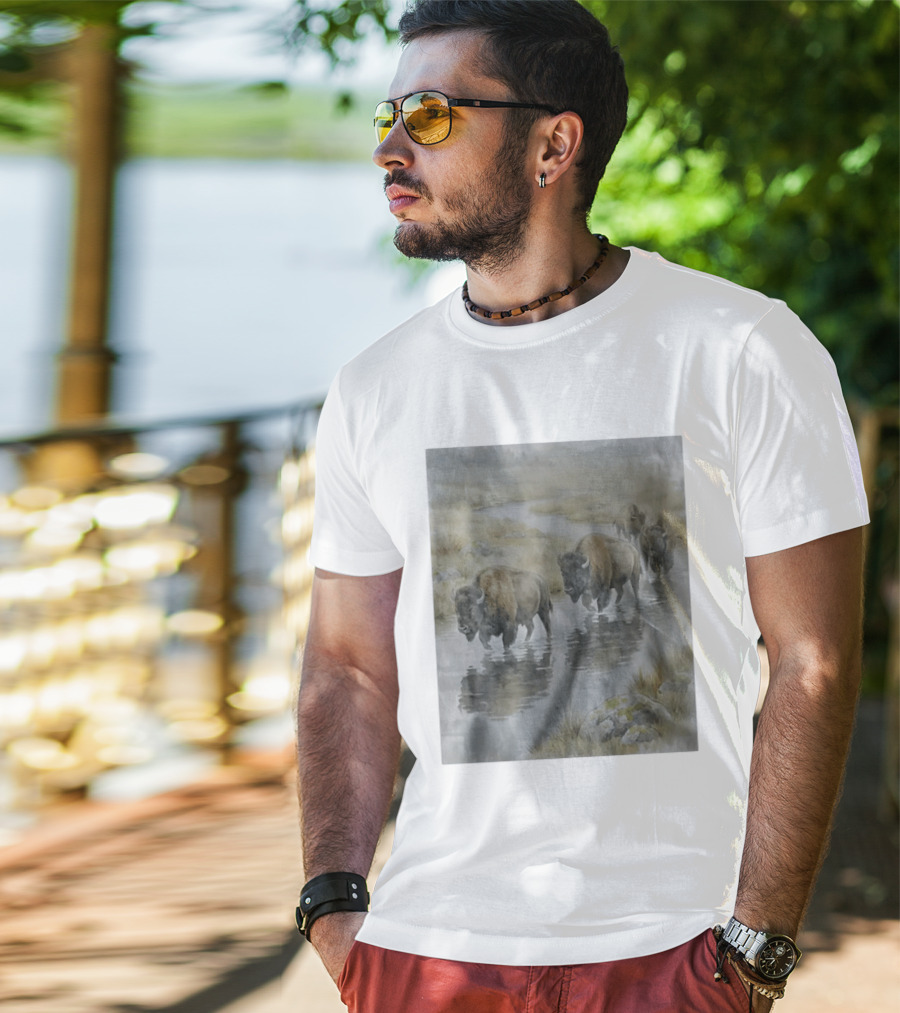 Bison Herd Crossing River On Prairie Landscape Scene T-Shirt