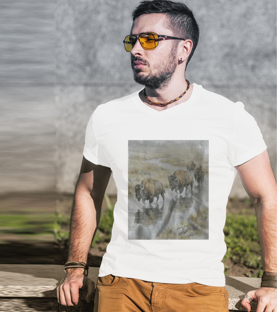 Bison Herd Crossing River On Prairie Landscape Scene T-Shirt