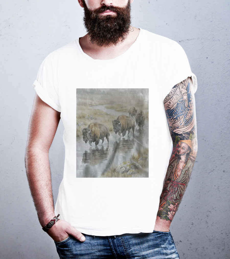 Bison Herd Crossing River On Prairie Landscape Scene T-Shirt