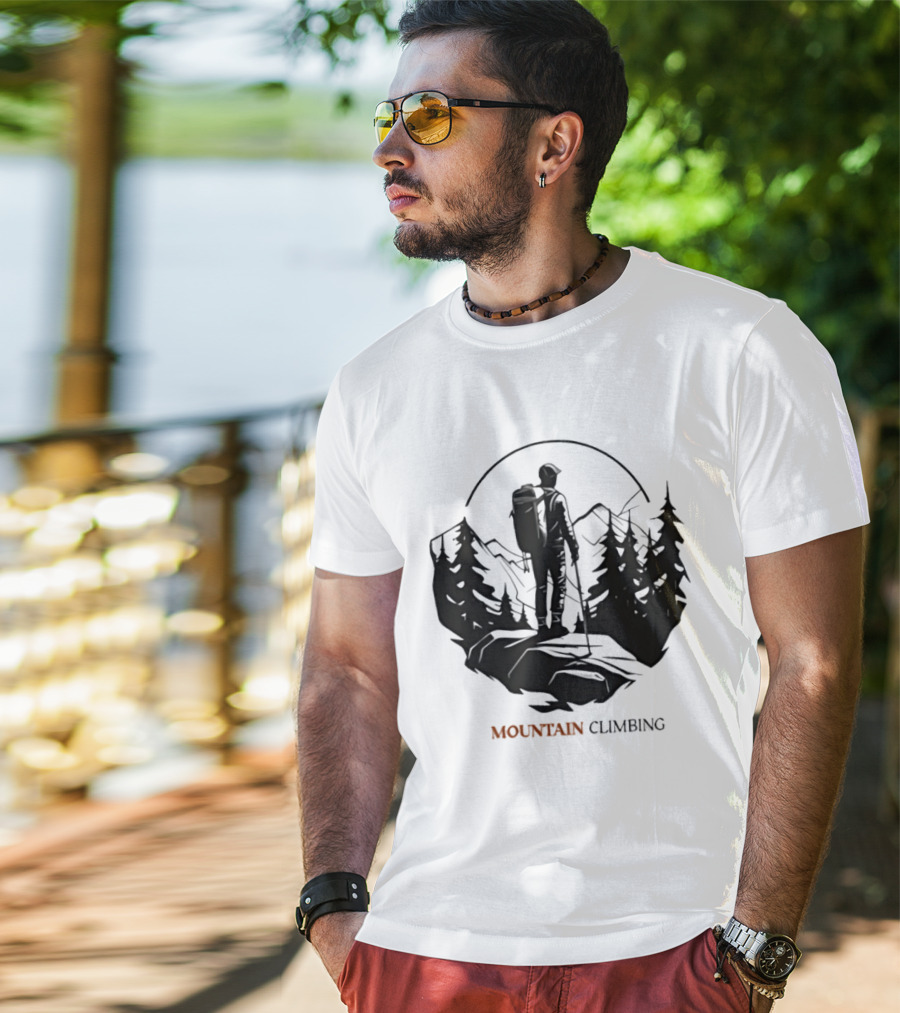 Mountain Climbing Adventure Climber On Cliff Overlooking Mountain And Forest T-Shirt