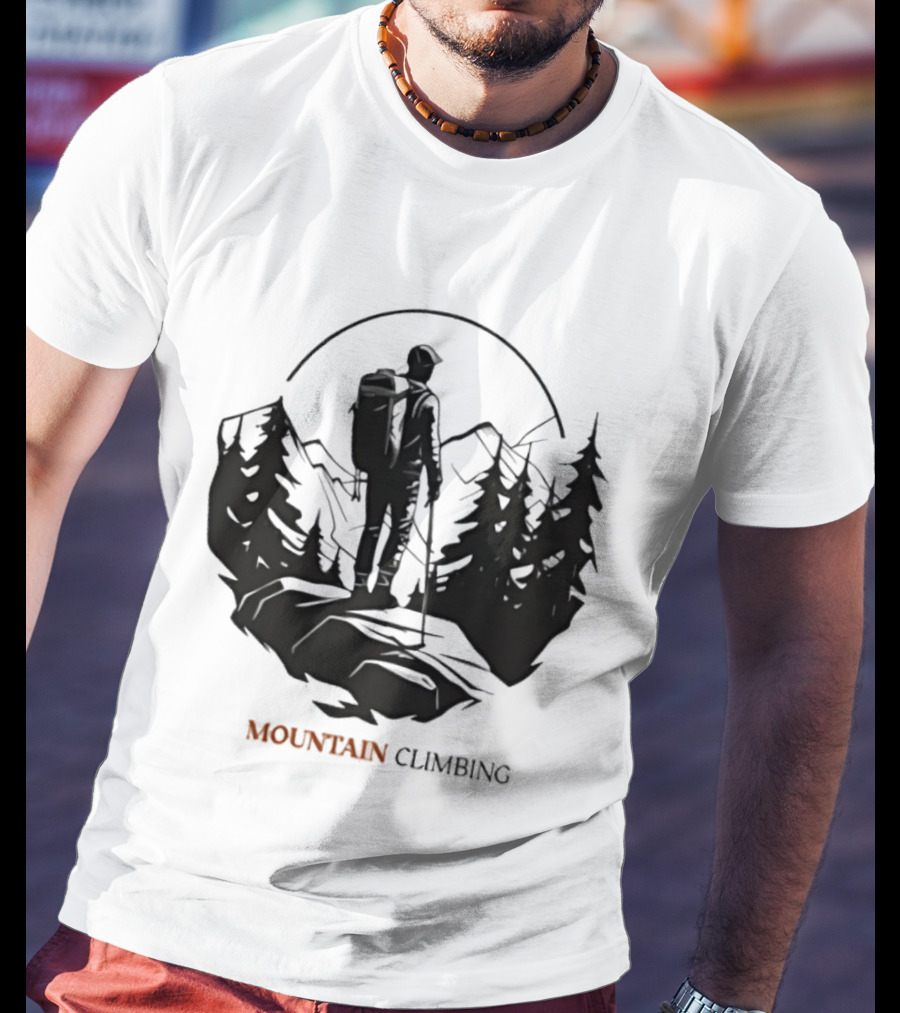 Mountain Climbing Adventure Climber On Cliff Overlooking Mountain And Forest T-Shirt