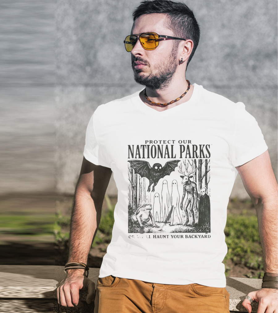 Protect Our National Parks Mothman Bigfoot Ghost Deer Cryptid Horror Characters T-Shirt