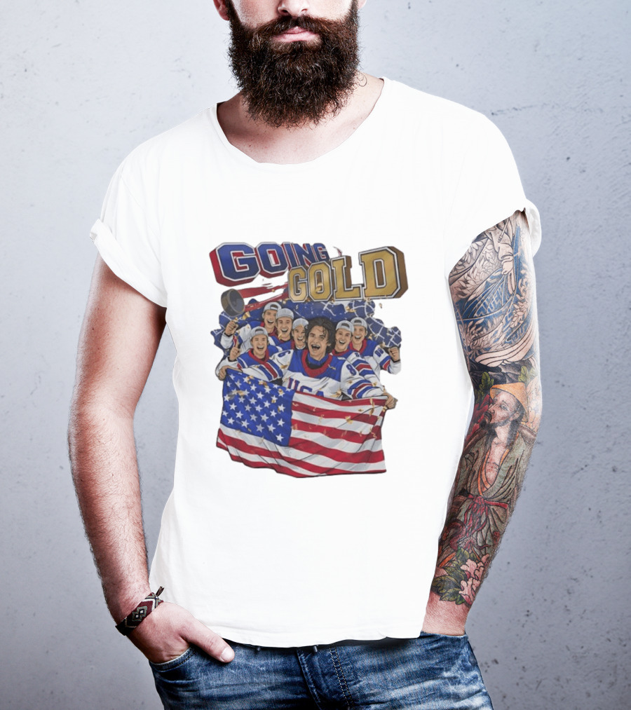 GOING GOLD USA Hockey Team Celebration With Flag T-Shirt