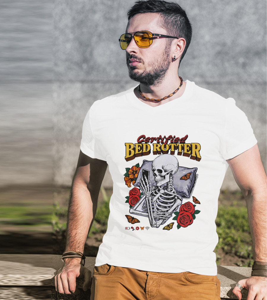Certified Bed Rotter Skeleton Smartphone Butterfly Rose T-Shirt